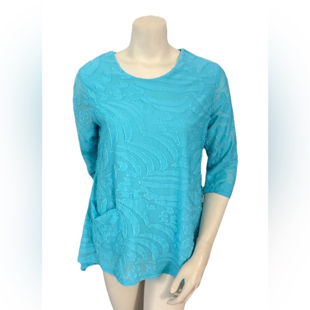 Lulu B Womens Small Aqua Blue Textured Sheer Tunic Top 3/4 Sleeve Pocket